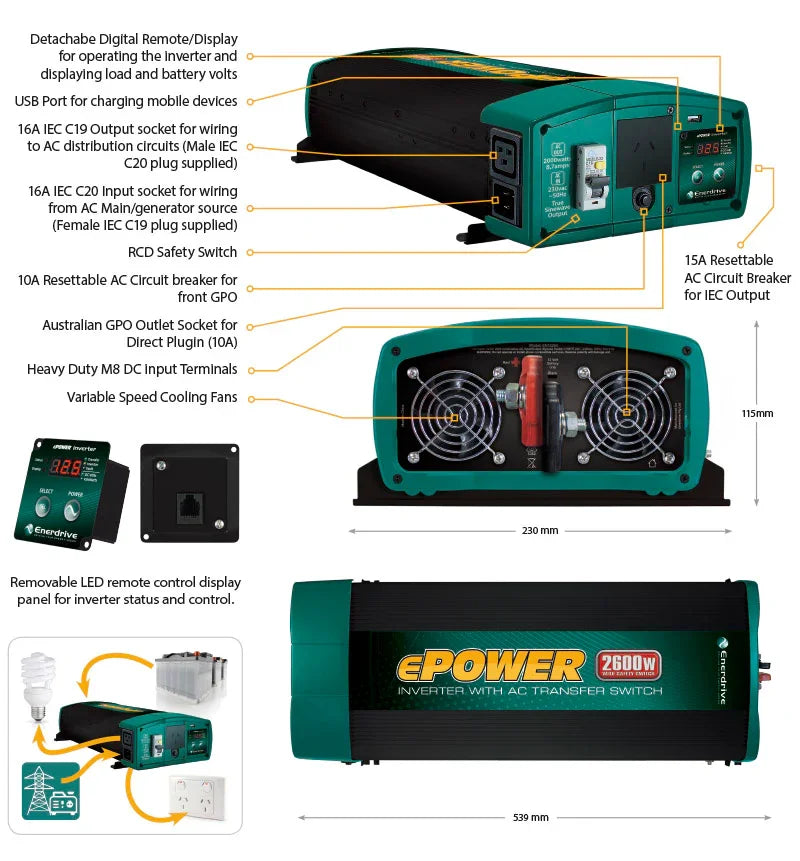 Enerdrive ePOWER 2000W 24V True Sine Wave Inverter with AC Transfer & Safety Switch